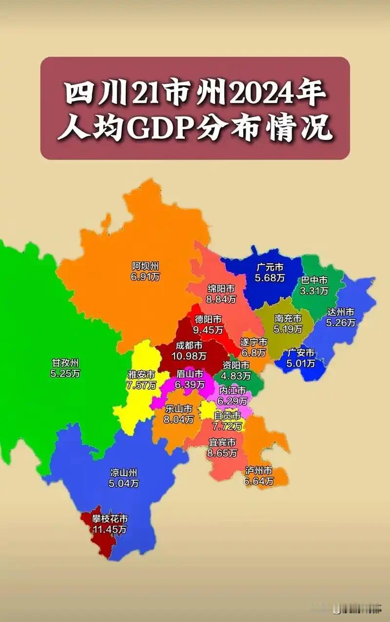 四川各市的人均GDP分布图！四川21市（州）只有攀枝花和成都超过了全国平均水平