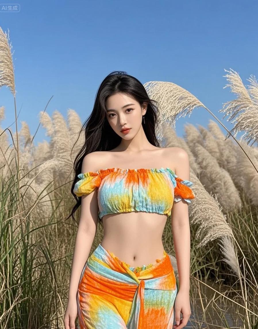 女子步入芦苇海，一步一景，恍若古画中走出的