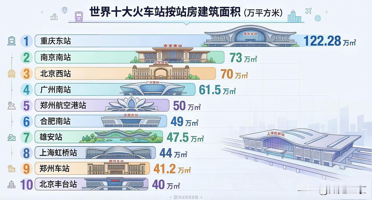 最近刷到了一份世界十大火车站建筑面积排行榜，看完真的大开眼界。榜单前十名，
