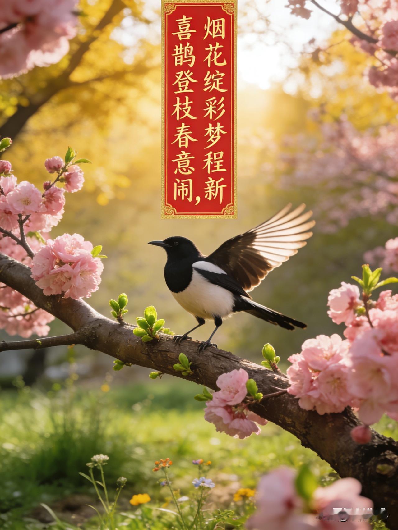 上联：喜鹊登枝春意闹下联：烟花绽彩梦程新“烟花”作为节日中常见的喜庆元素，绽