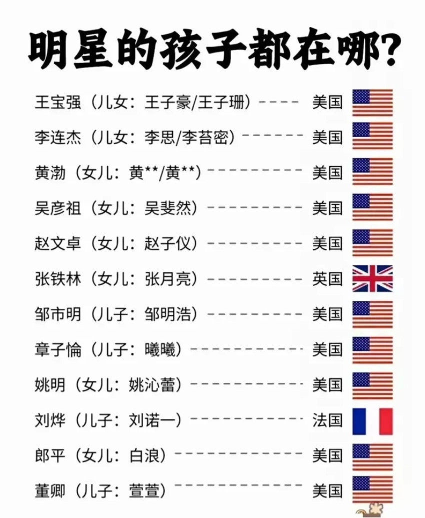 明星的儿女去哪儿了？这张图片罗列了王宝强、李连杰等众多明星及其子女，并标注其子女