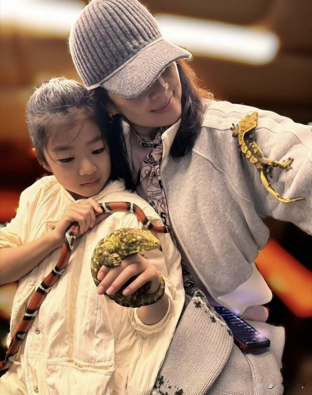 章子怡的女儿和儿子都好勇敢，摸蛇摸蜥蜴丝毫不含糊。话说章子怡是不是有点偏心了，女