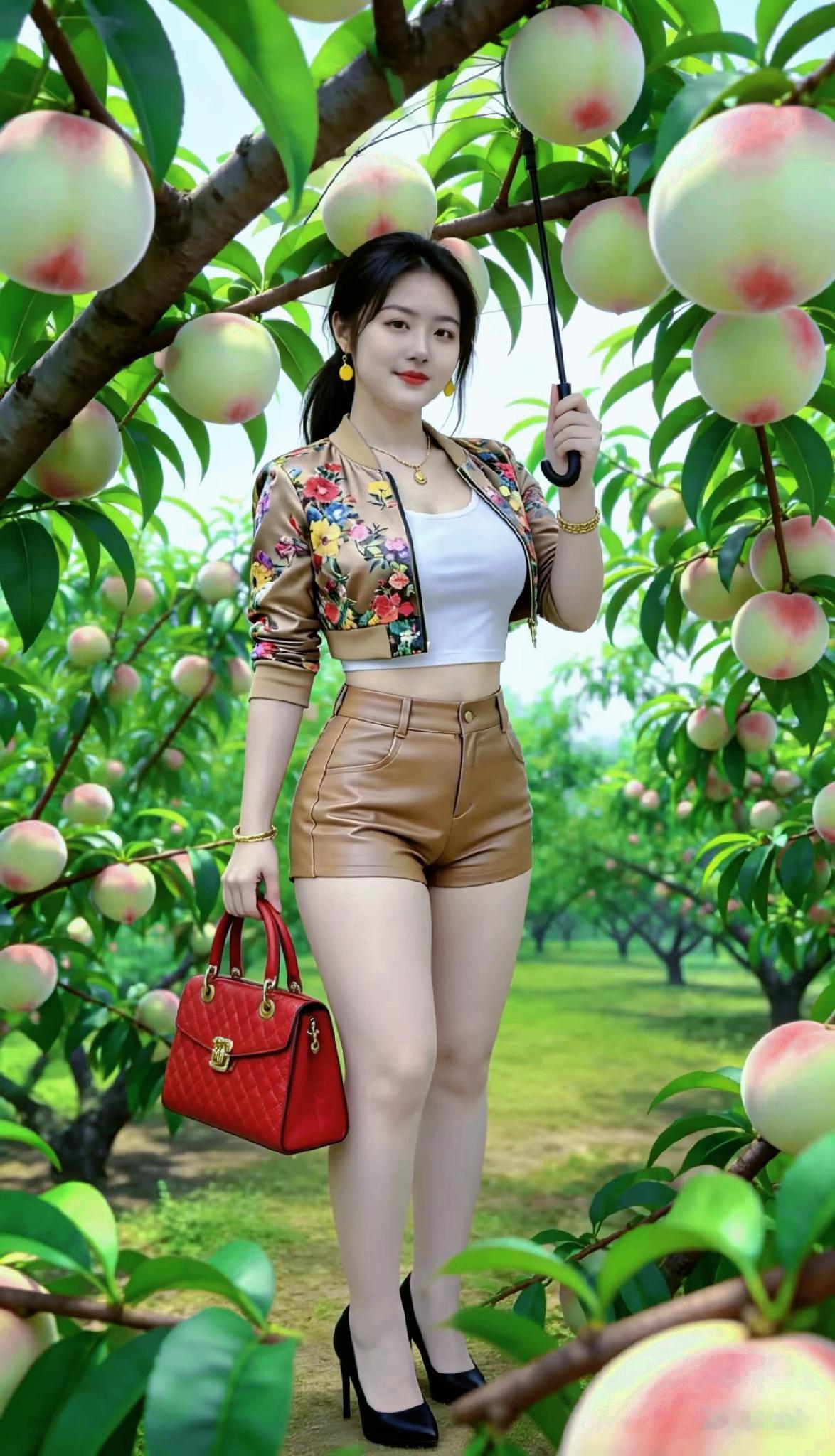 她站在桃树下，手拿伞和包包。