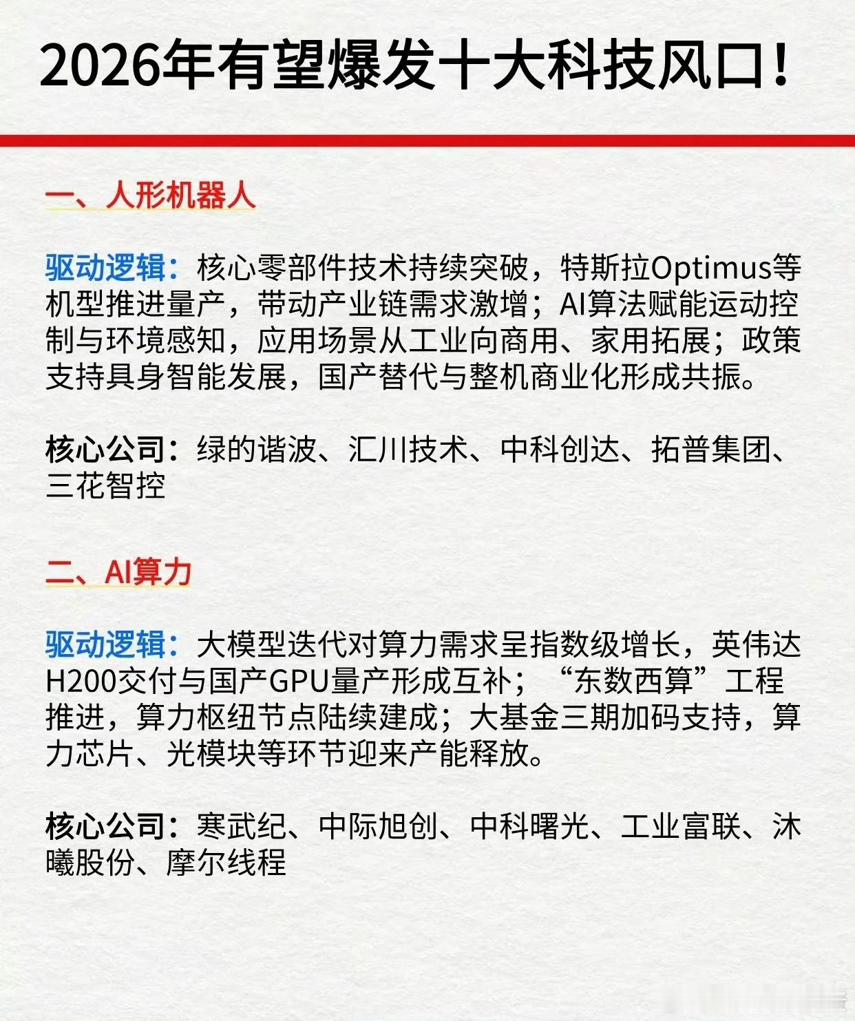 2026年有望爆发的十大科技风口，每部分均含驱动逻辑+核心公司：1.人形机器人