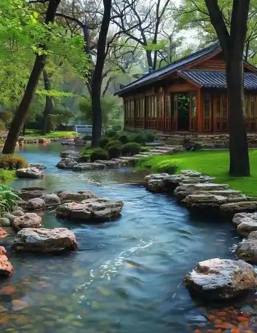 宋代园林建筑以“天人合一”为核心营造准则，以假山模拟自然山势，以水景呼应天地灵气