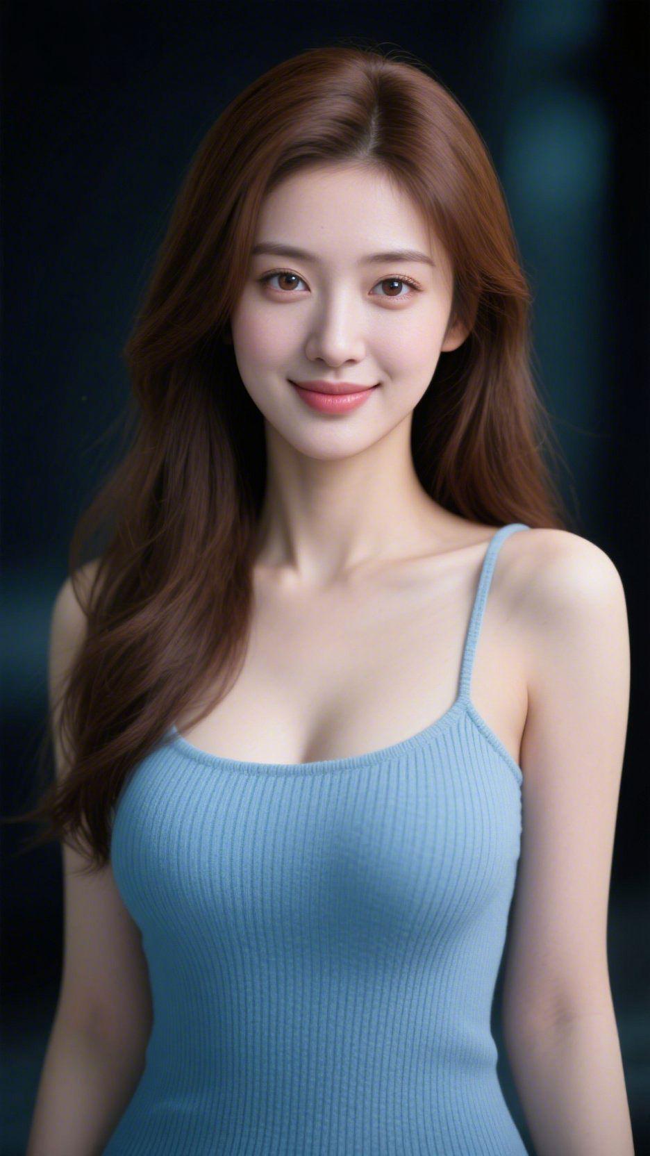《浅蓝里的温软》暗调的背景中，她像裹了层柔雾的浅蓝。针织吊带衬着舒展的肩