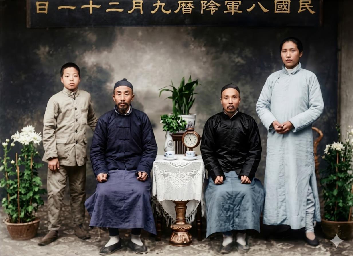 1919年11月，长沙。右一青年毛泽东，左二是他的父亲毛贻昌，左三为堂伯父毛福生