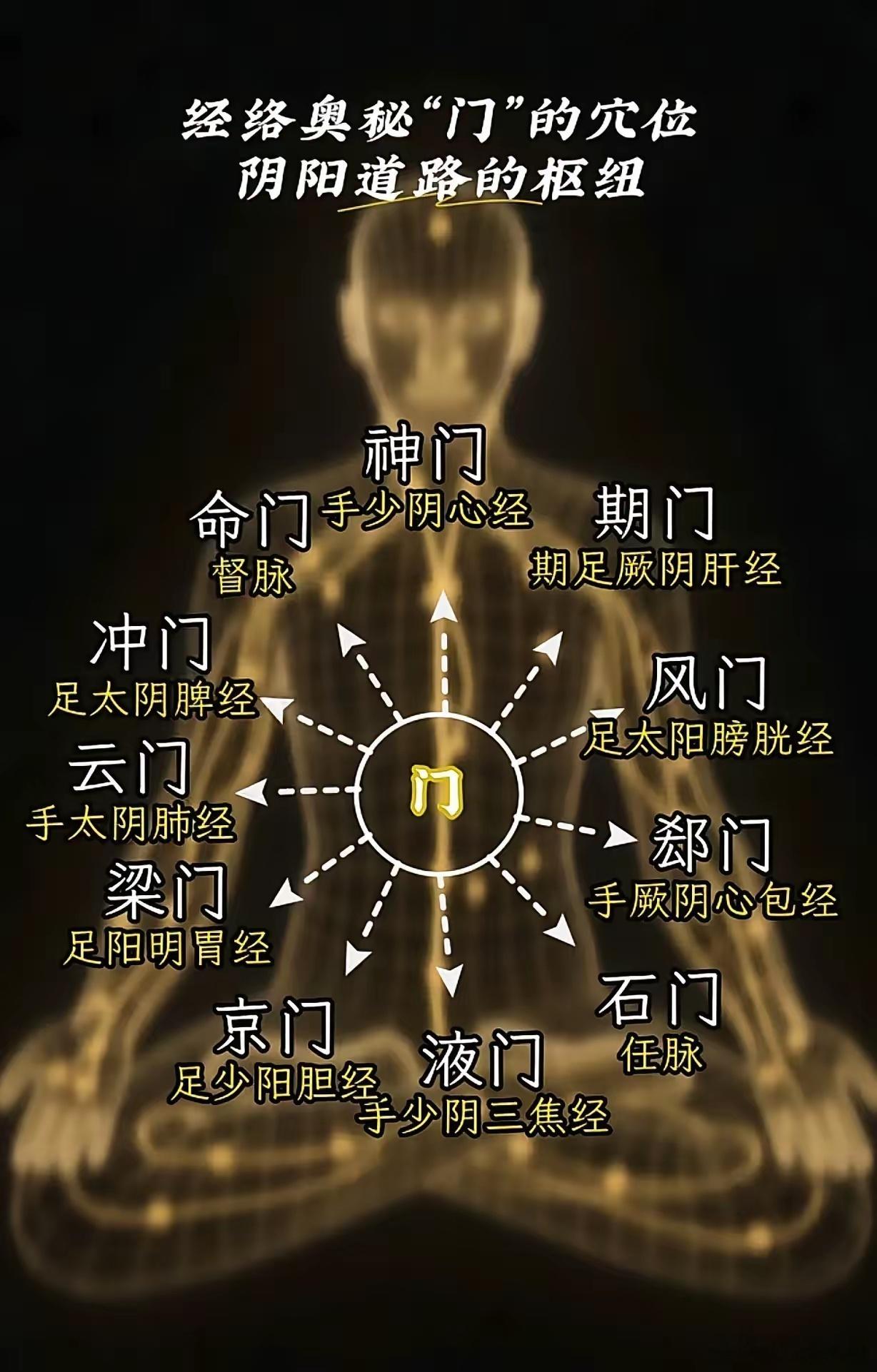 人体门户谣十二重门通幽深，阴阳道路此中寻。期门迎风肝木立，云门涌津肺气沉。