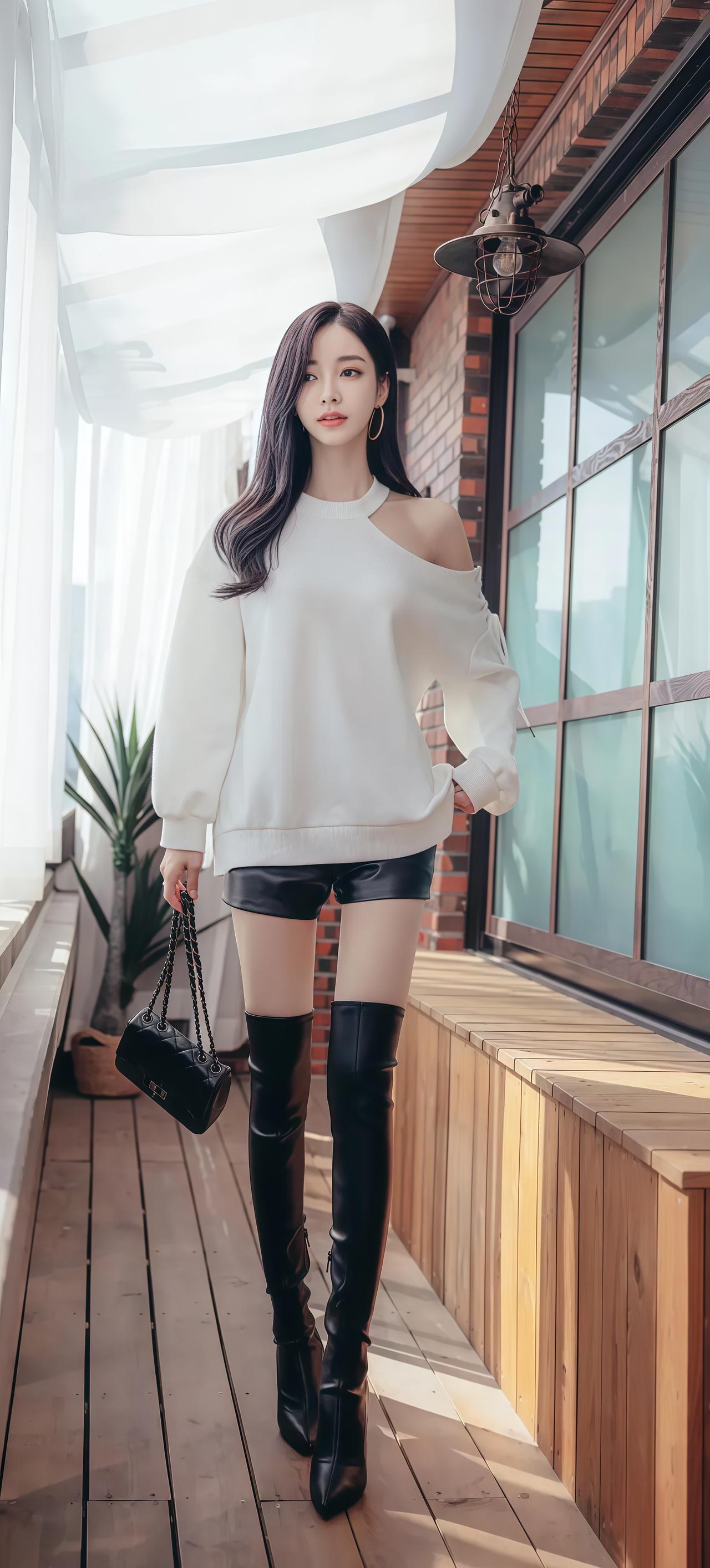 孙允珠都市时尚女孩穿搭指南，白色露肩上衣搭配黑色短裤和长靴，尽显优雅与自信！