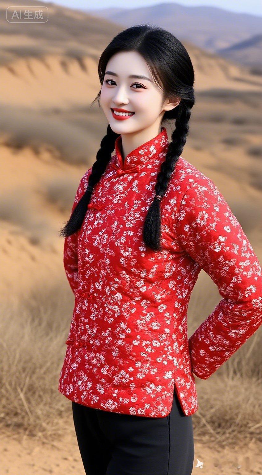 陕北姑娘身姿曼妙，立于黄土高坡枯黄草地间。梳着两条乌黑长辫，身着经典红底白花棉袄