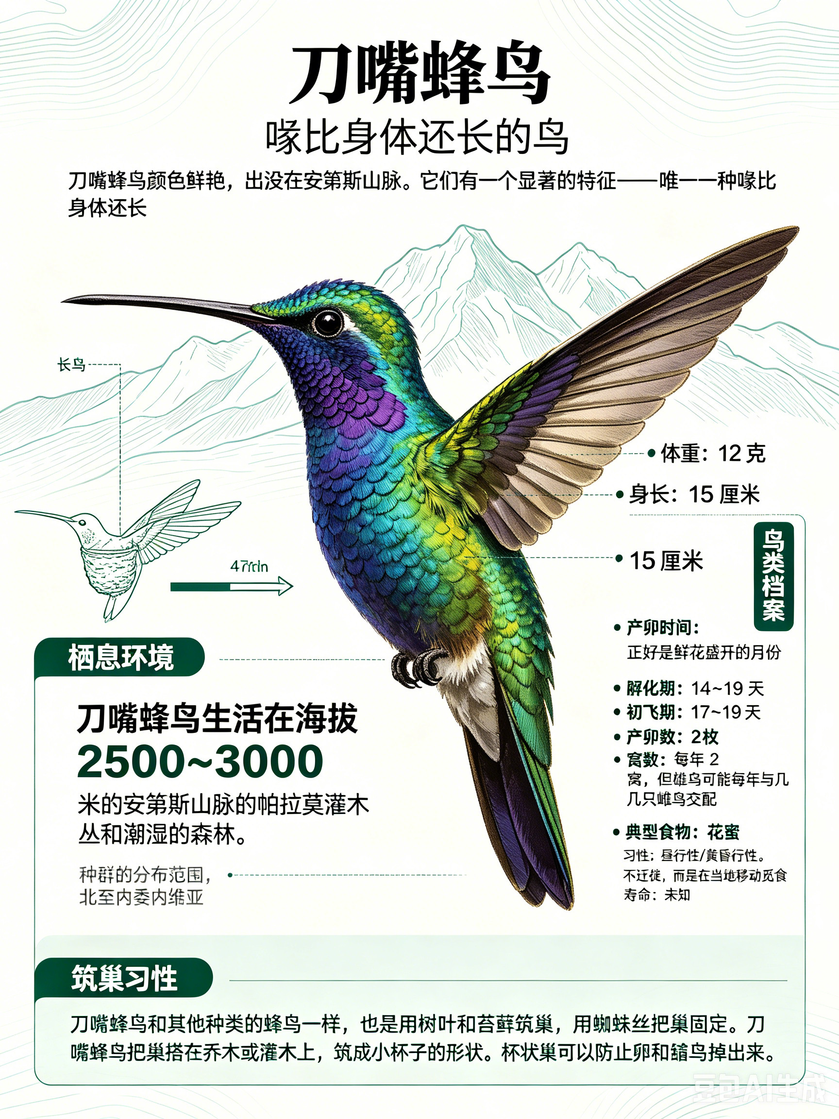鸟类朋友图鉴刀嘴蜂鸟刀嘴蜂鸟颜色鲜艳，出没在安第斯山脉。它们有一个显著的特征—