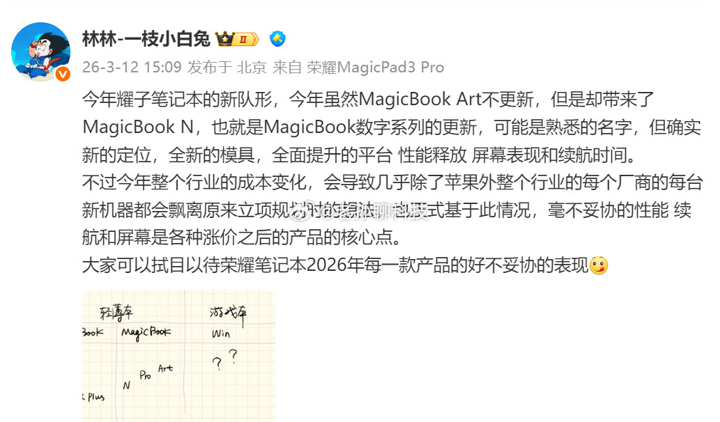 林林总公布了荣耀今年笔记本的迭代计划荣耀MagicBookArt系列今年暂时不