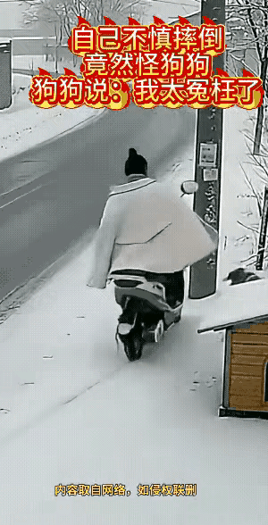 美女雪天骑车不小心摔了一跤，当场又气又急发脾气，正好面前有只小狗，她就对着狗狗一