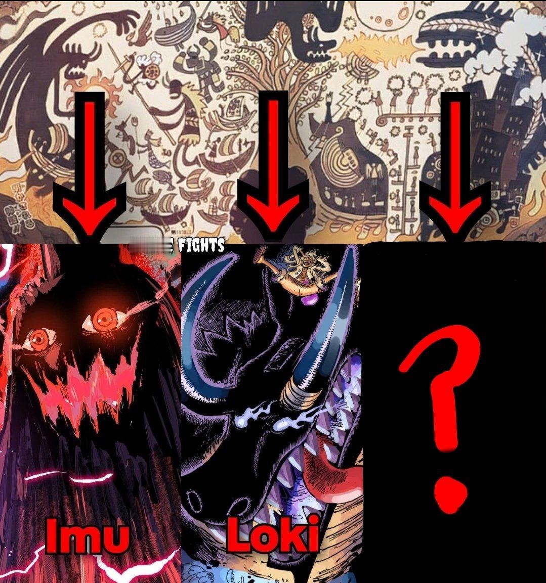 海贼王中在洛基公布果实能力就是西方巨龙之后，之前壁画上的三个巨大黑影已经出现了两