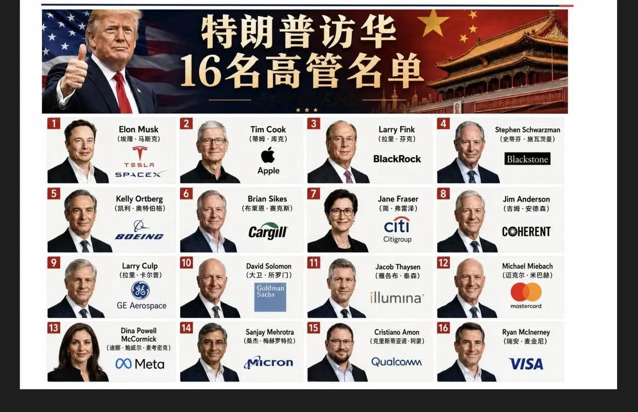 特朗普带了16家企业的CEO，其中主要是金融界，科技界以及农业。有科技行业的苹果