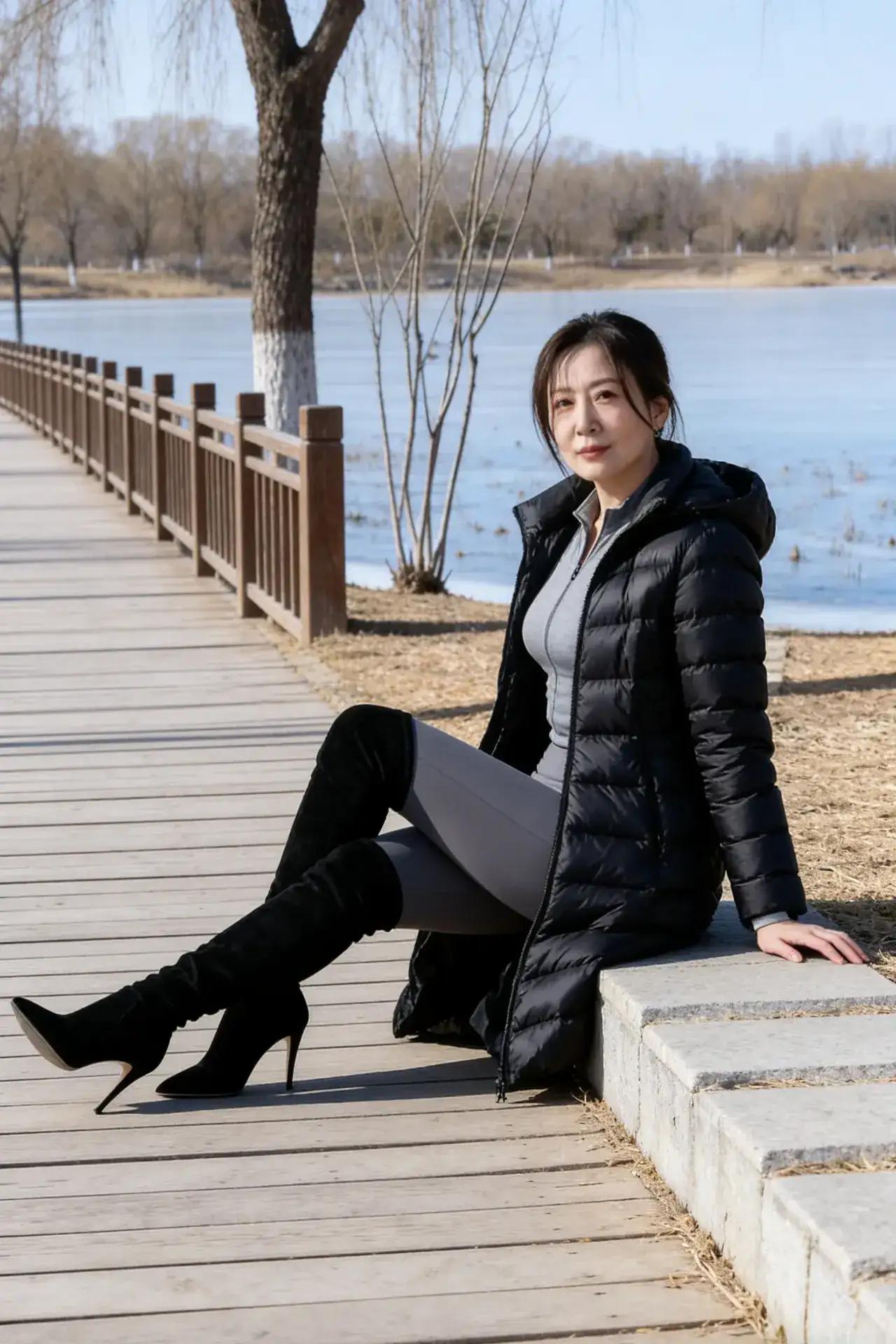 冬日暖阳下的优雅穿搭，黑色羽绒服搭配高跟靴，尽显时尚与温暖。