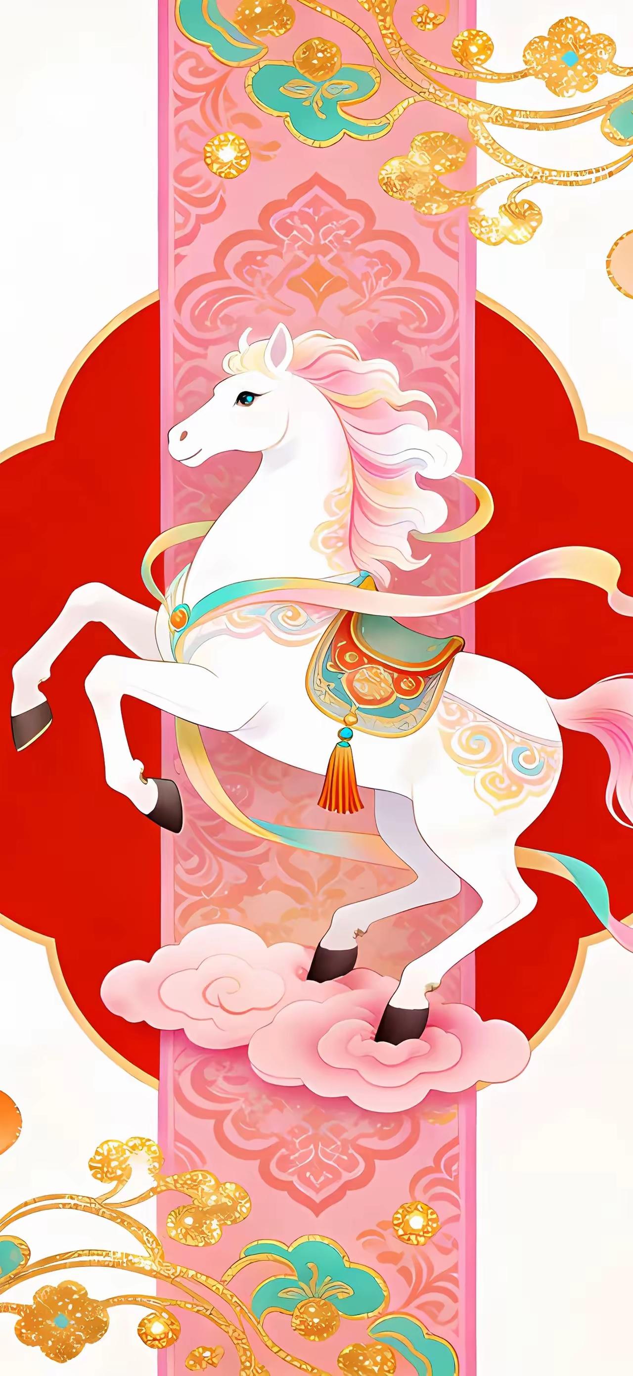 手机壁纸～飘逸的马，带着中国风的绚丽背景，让人仿佛置身梦幻之中
