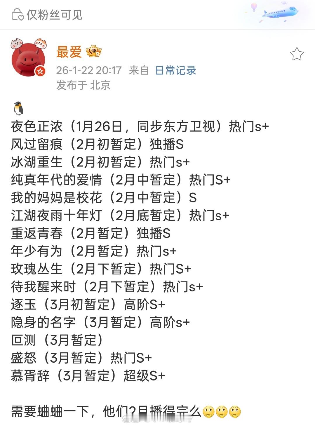 腾讯🐧Q1排播🍉：夜色正浓（1月26日，同步东方卫视）热门s+风过留痕（2月