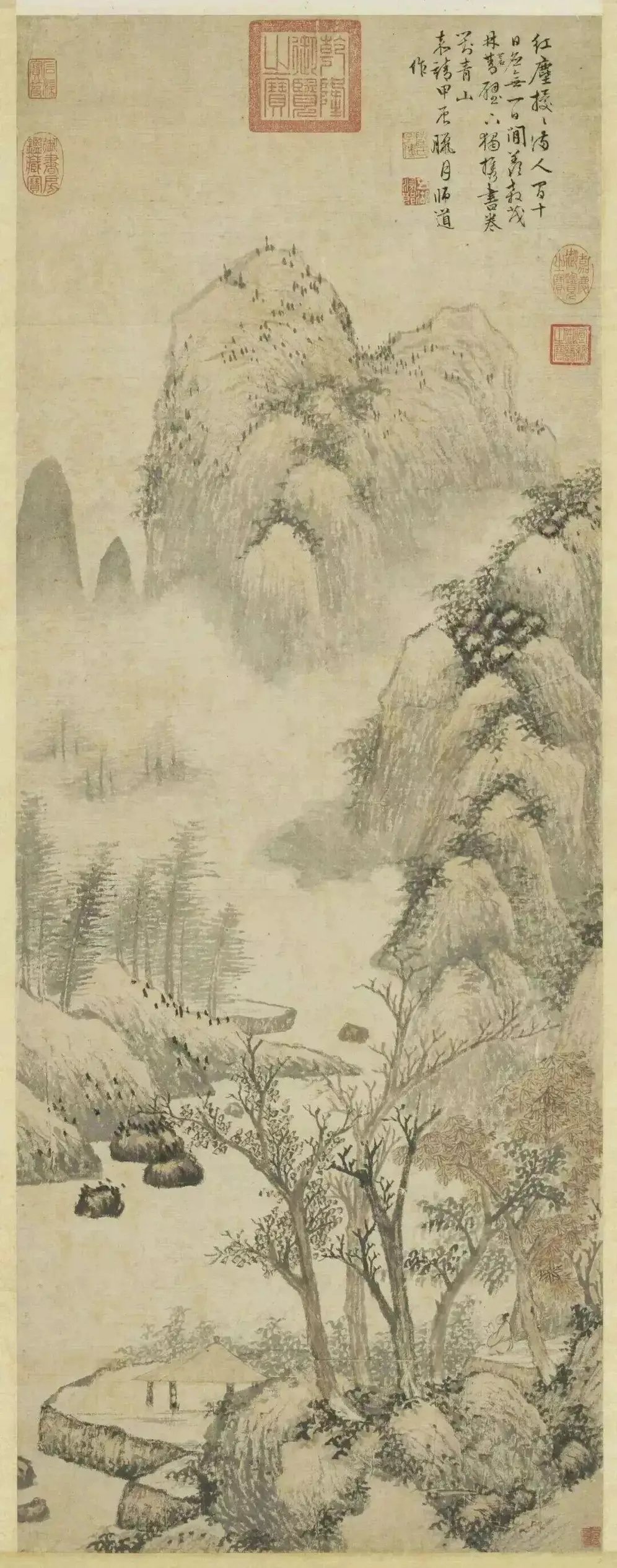 明陆师道《携卷对山图》。陆师道（1510-1573），字子传，号五湖，是文徵明