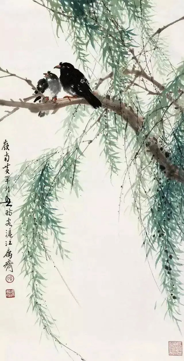 黄幻吾笔下的柳树气韵飘逸，清秀脱俗，树上的鸟儿也刻画得真切动人、栩栩如生，达到了