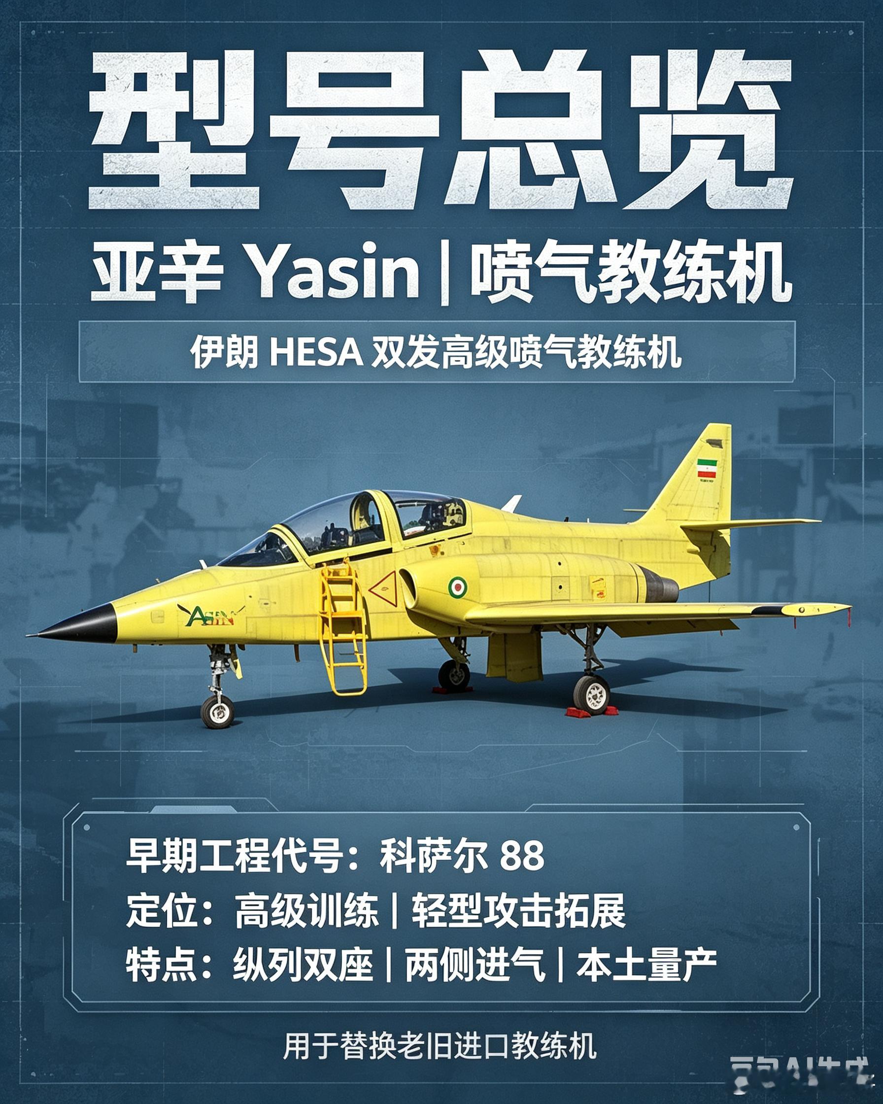 亚辛喷气教练机，伊朗自研双发高级喷气教练机，早期工程代号科萨尔88。搭载两台国产