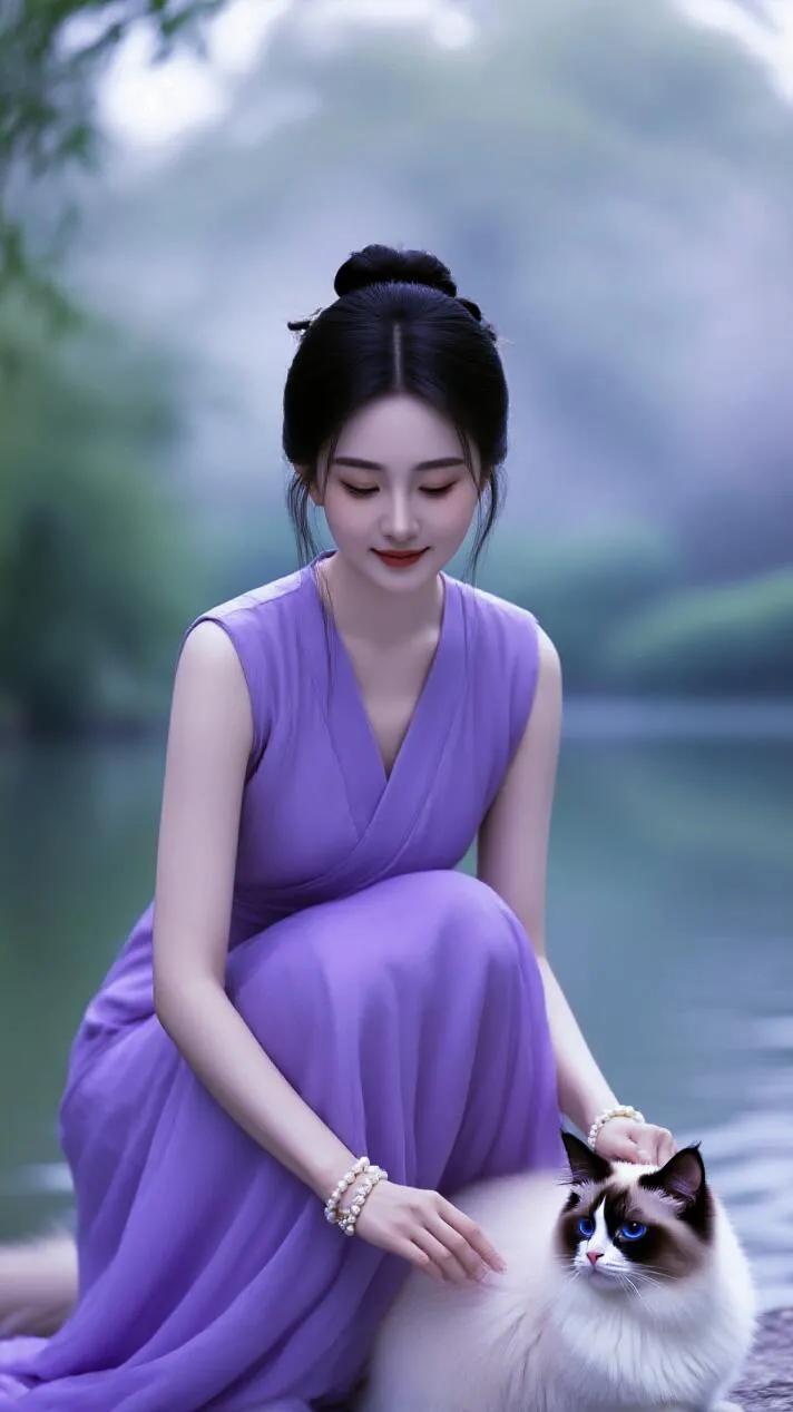 紫衣美人与蓝眼猫咪的梦幻邂逅