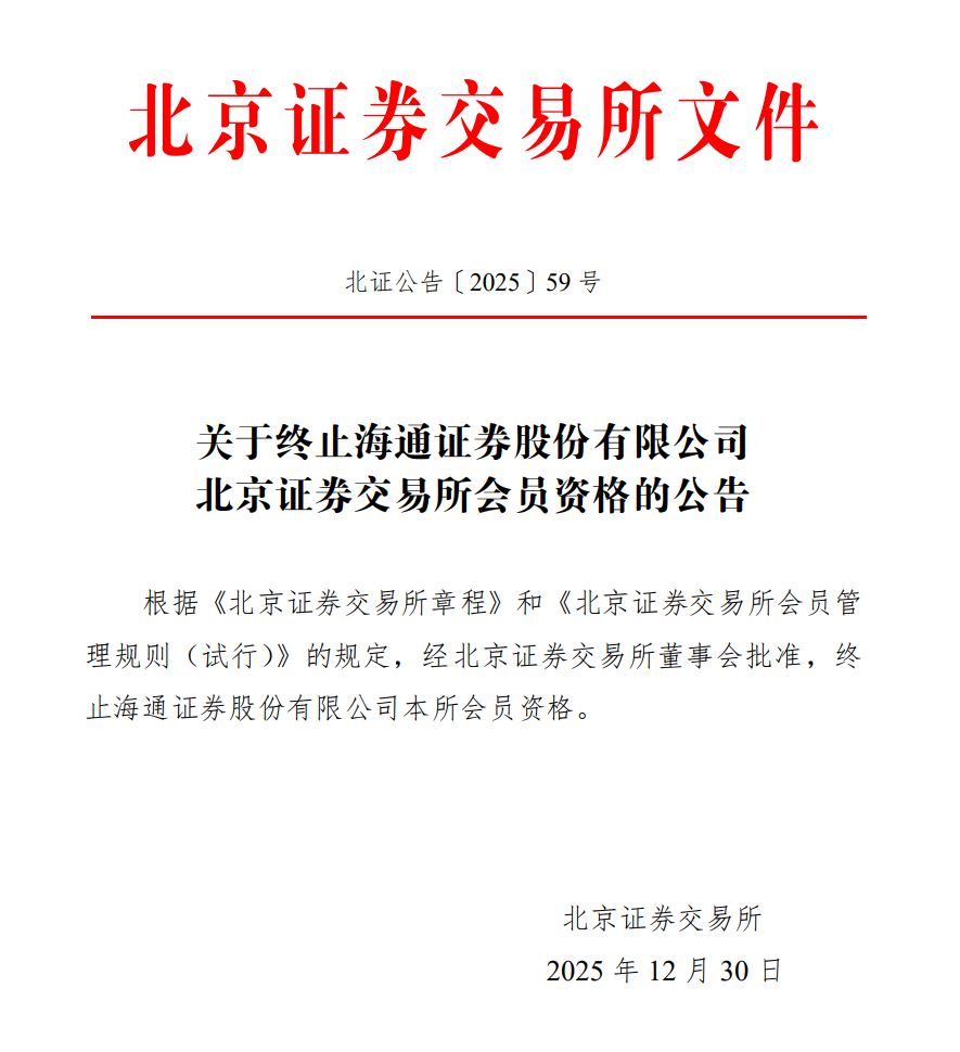 北交所: 取消海通证券会员资格
