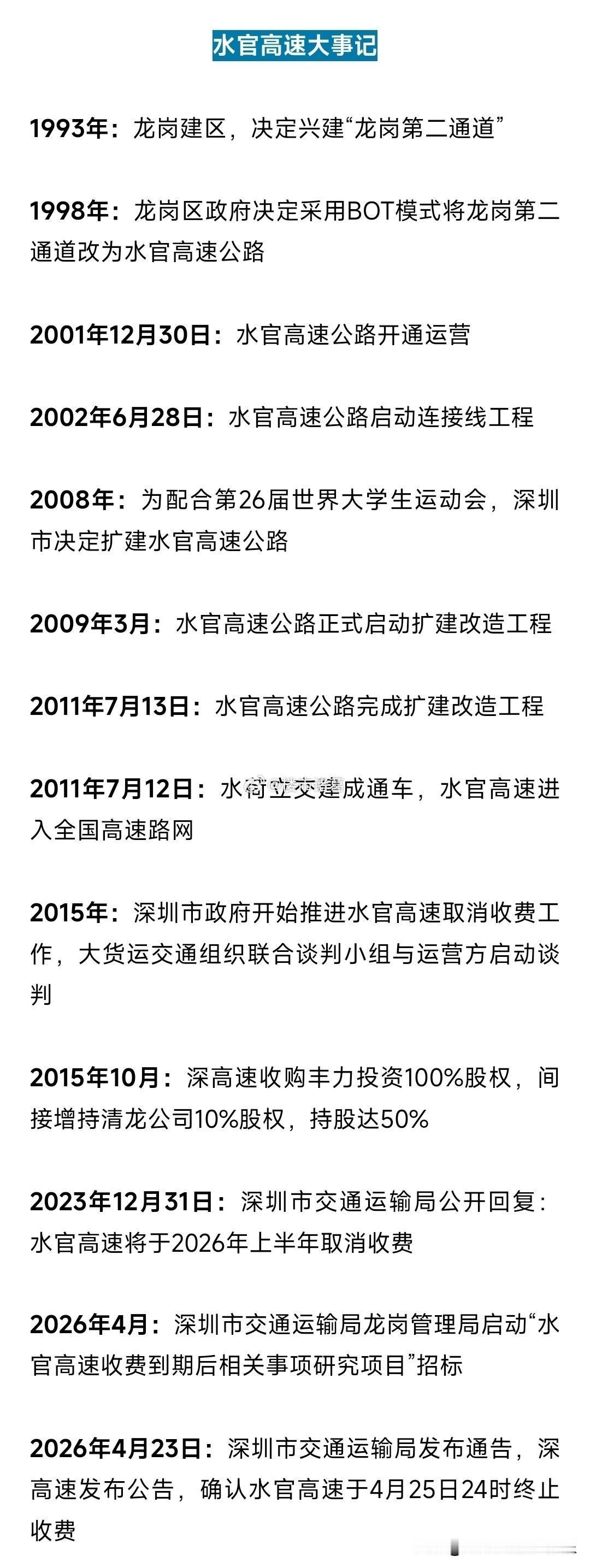 深圳水官高速终于要免费了。这一刻，龙岗人等了整整25年。。你说是无私者多,还