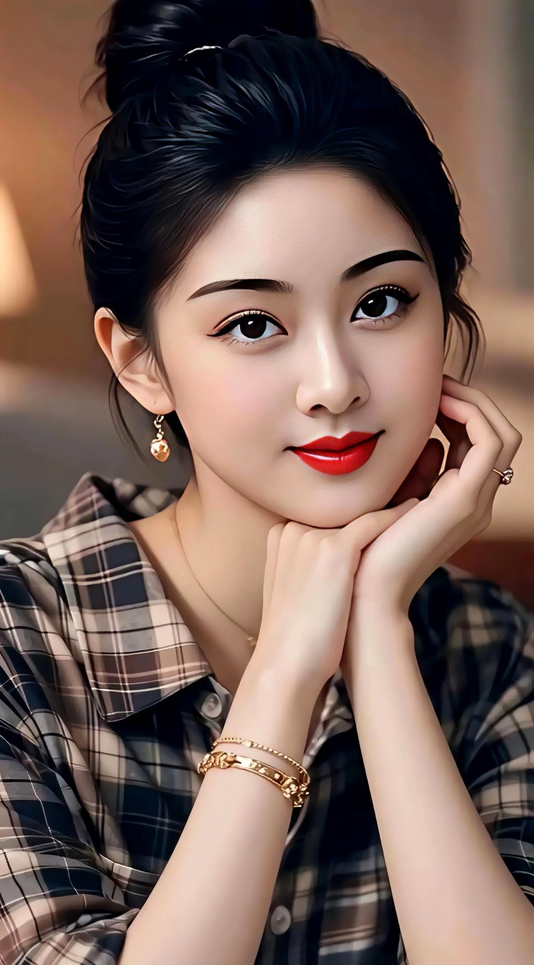 甜美少女风，红唇与金饰的完美搭配，复古格子衫，优雅动人！