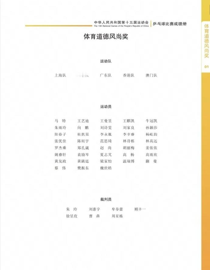 孙颖莎获体育道德风尚奖樊振东获体育道德风尚奖2025第十五届全运会乒乓球项目体