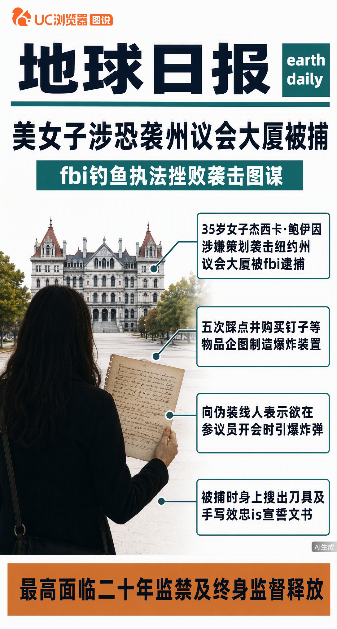 35岁美国女子欲炸纽约州议会杀参议员，嫌白宫难下手。FBI卧底陪她买钉子、递假枪，连踩点五次全被监控