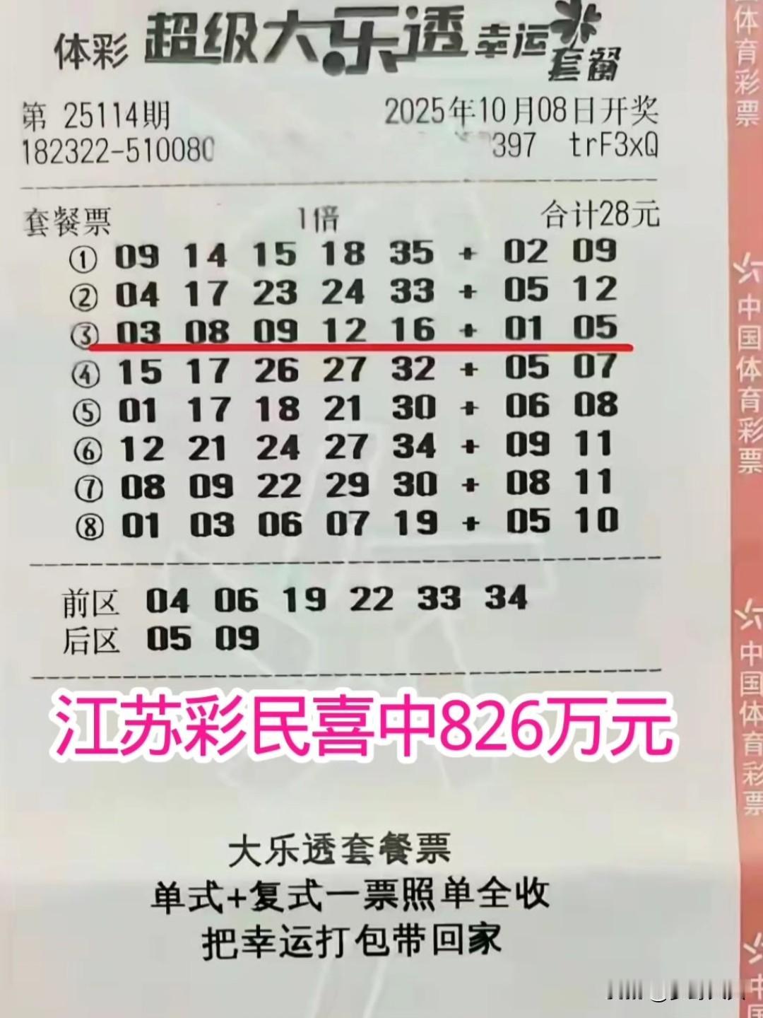 江苏彩民花28元购买一张育彩票，前天晚上开奖后拿下了一等奖，第三组号码与开奖号码