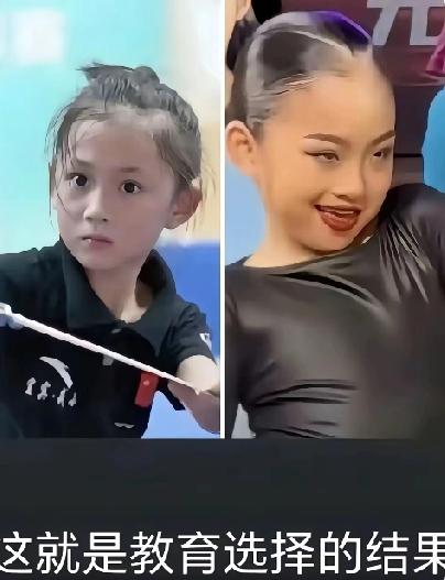 左边小女孩练中国武术，眼神清澈坚定，一身正气；右边小女孩跳拉丁，眼神迷离、神情暧