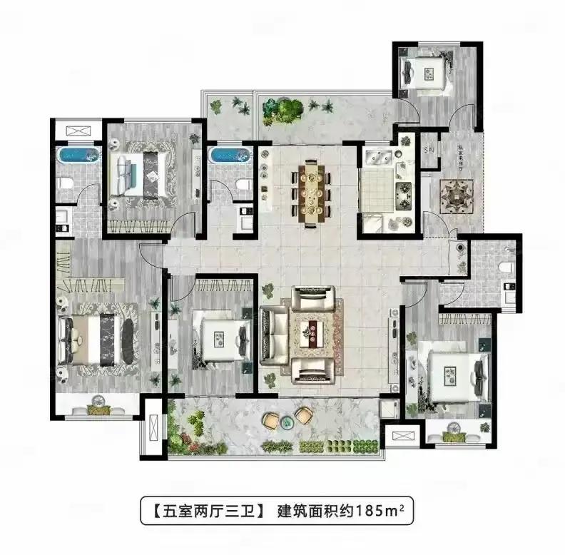 183.65㎡五室两厅三卫，是给多孩家庭、三代同堂最妥帖的答案。户型方正通