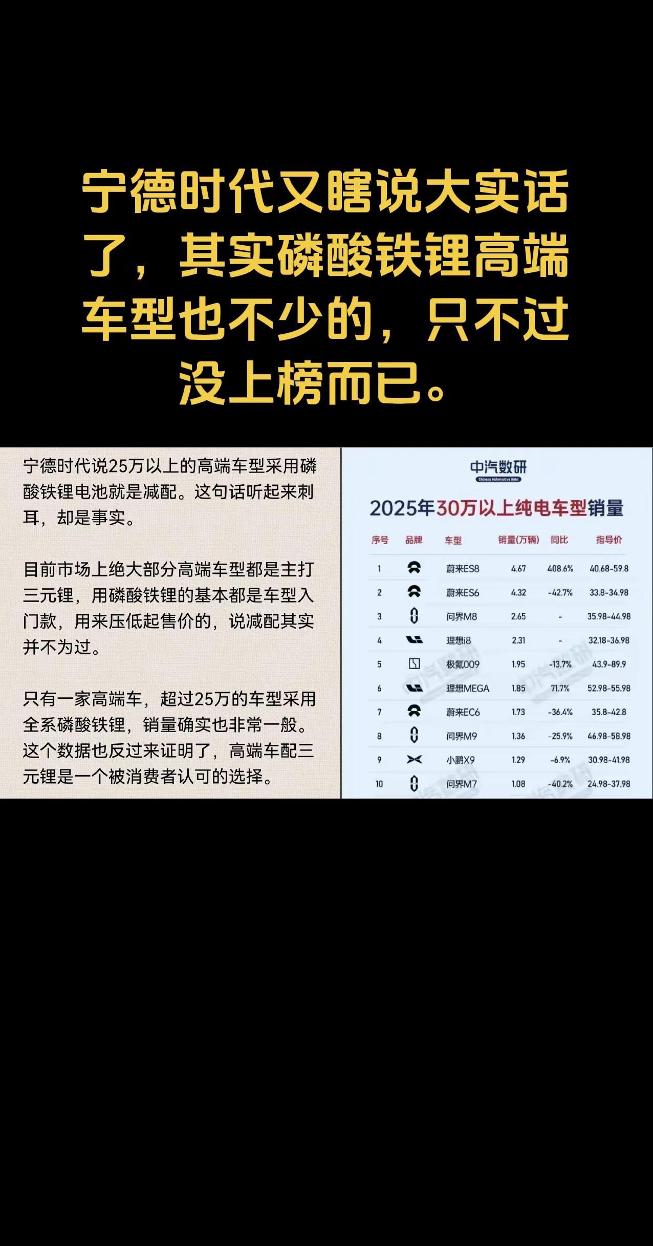宁德时代又瞎说大实话了，其实磷酸铁锂高端车型也不少的，只不过没上榜而已。宁德时代
