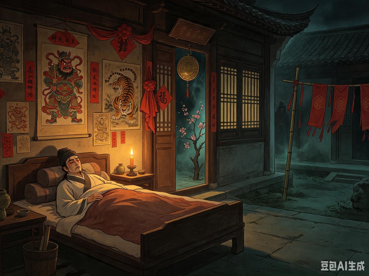 宋人杨纬一生怕鬼，家中处处设防：门上贴着钟馗与张天师的画像，因二神专司捉鬼；卧室