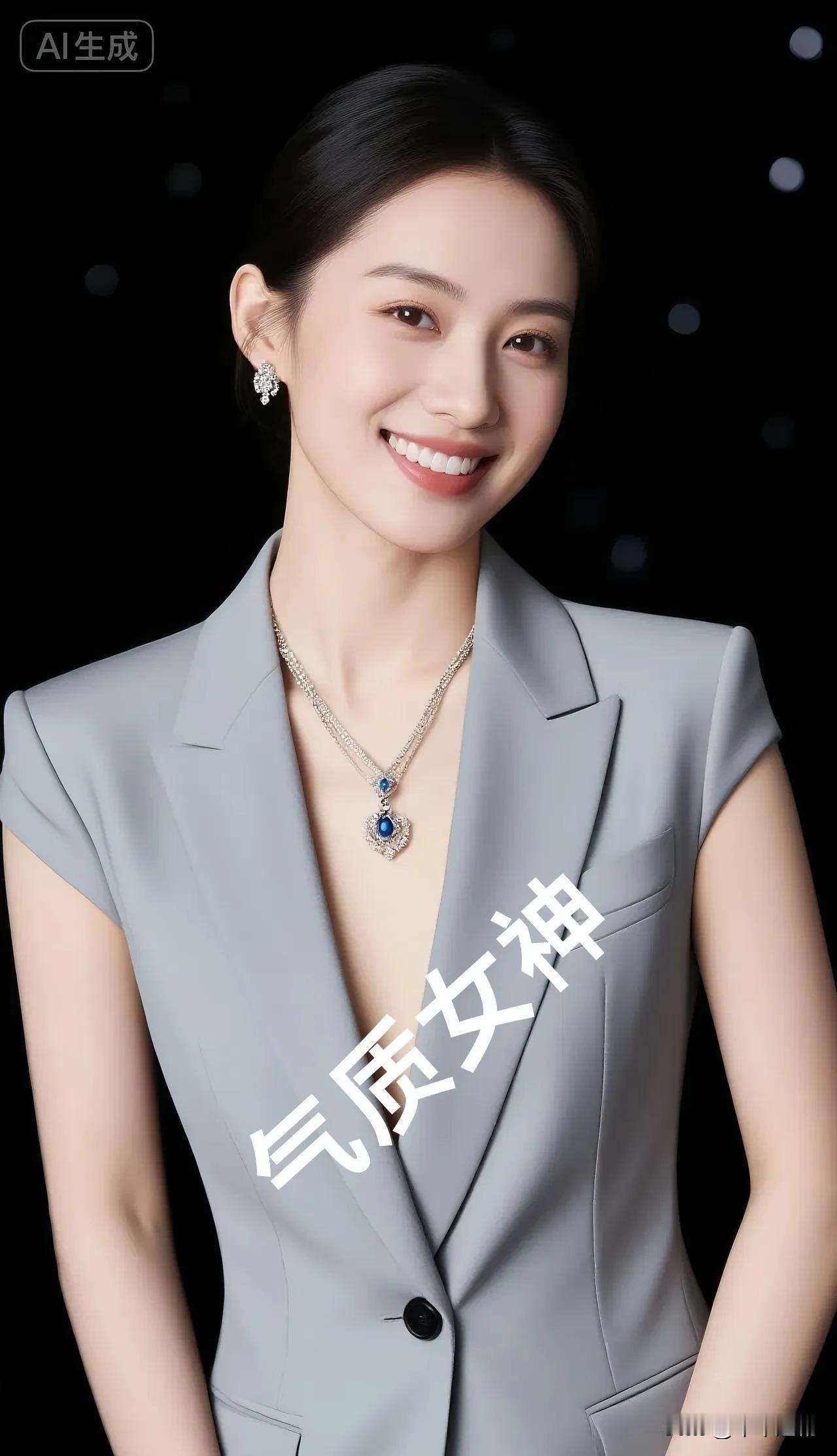 烟灰色西装衬出利落轮廓，颈间蓝钻坠着冷光，笑起来却揉进了柔——是飒气里裹着的恰好