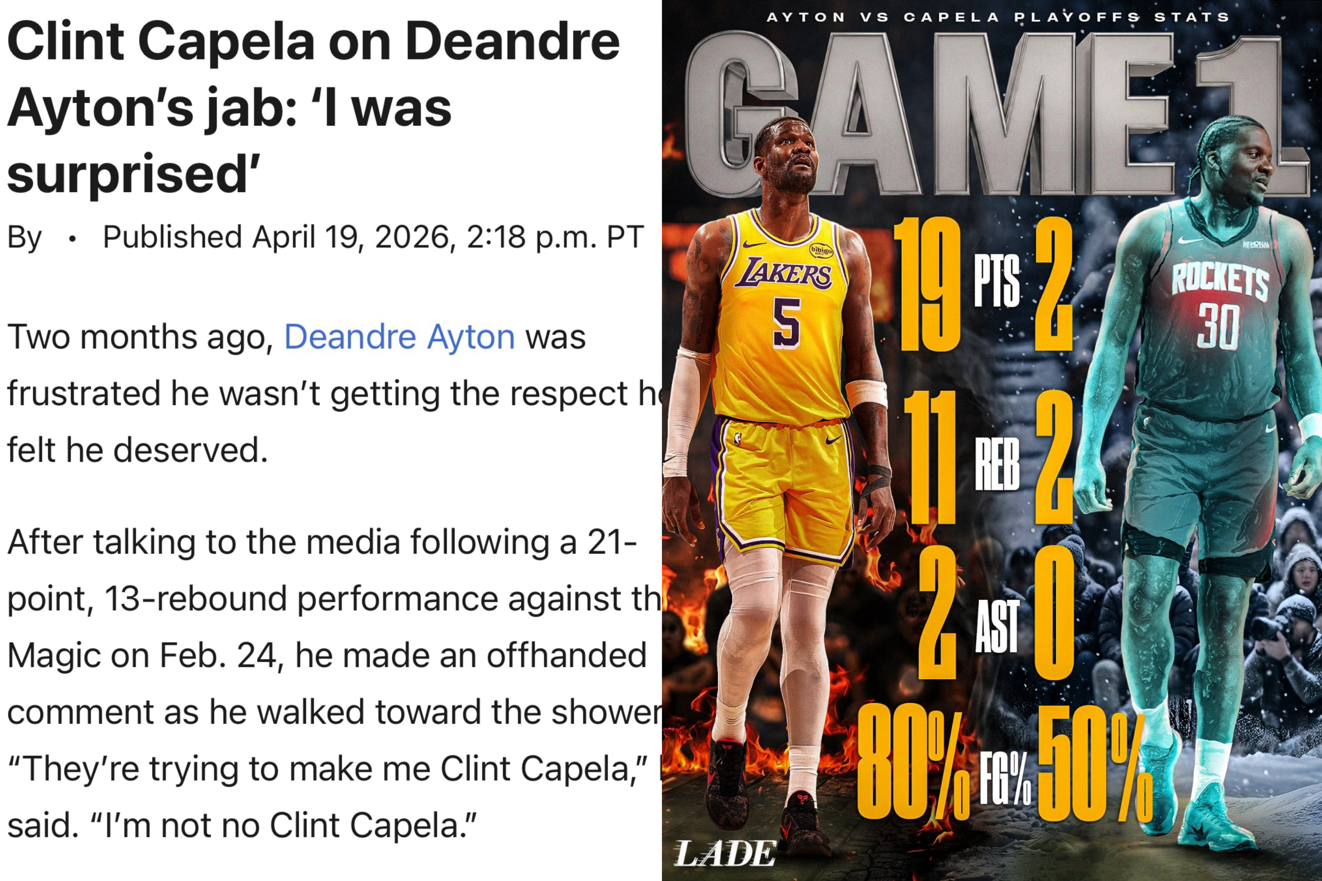 火箭中锋卡佩拉今日接受《加州邮报》再谈艾顿之前的言论时表示：“我挺意外的，“我