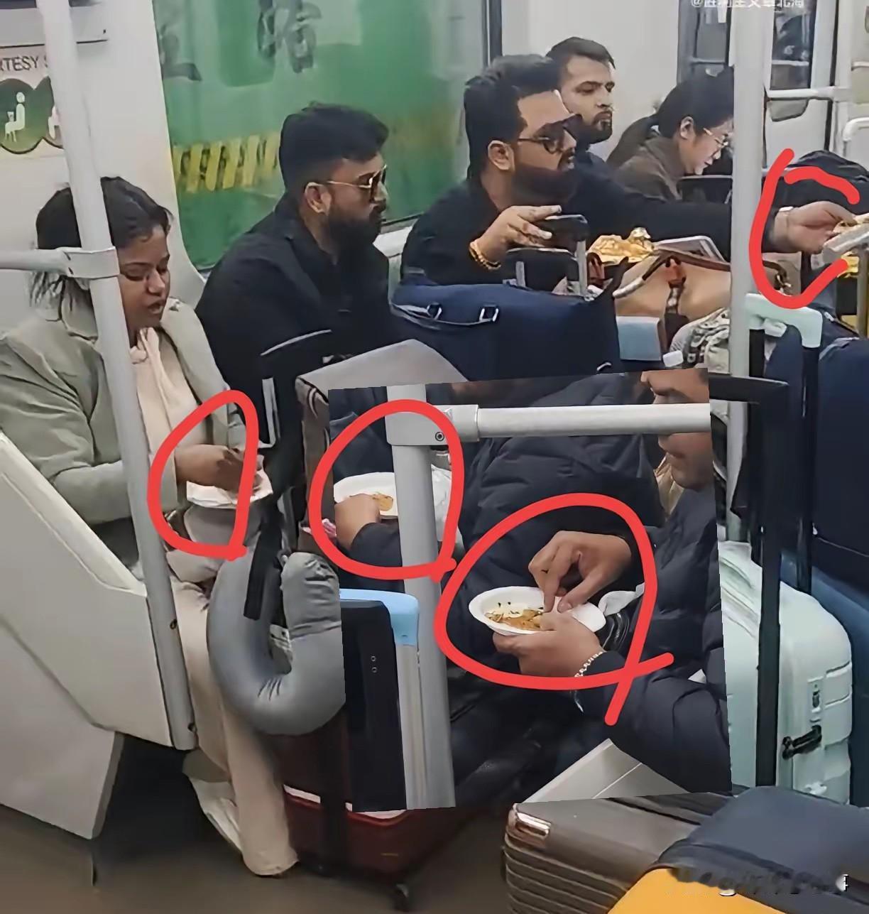 上海地铁那幕确实扎眼——一群人围坐着吃手抓饭，饭粒掉在座位上，包装袋随手塞在缝隙