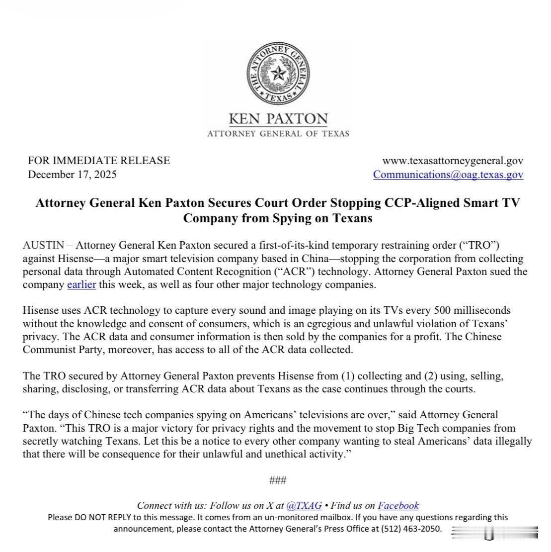 美国德克萨斯州总检察长肯·帕克斯顿（KenPaxton）于2025年12月17