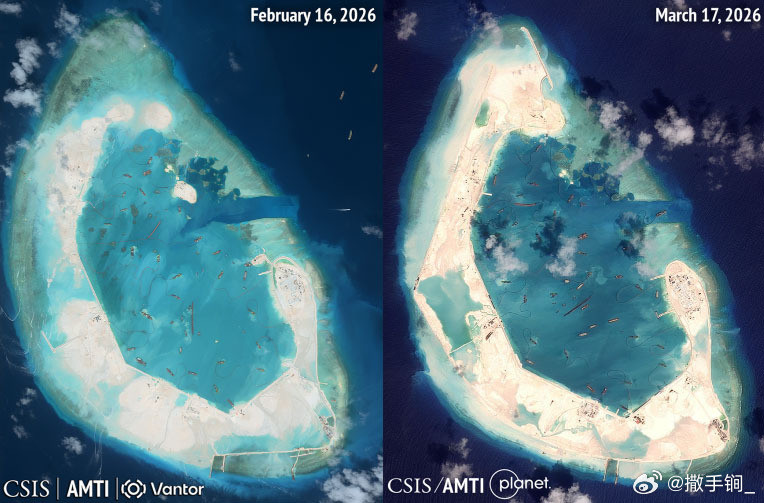 外媒称羚羊礁的建设进展很快，将成为中方在整个南海最大的地貌，规模将与美济礁相当甚