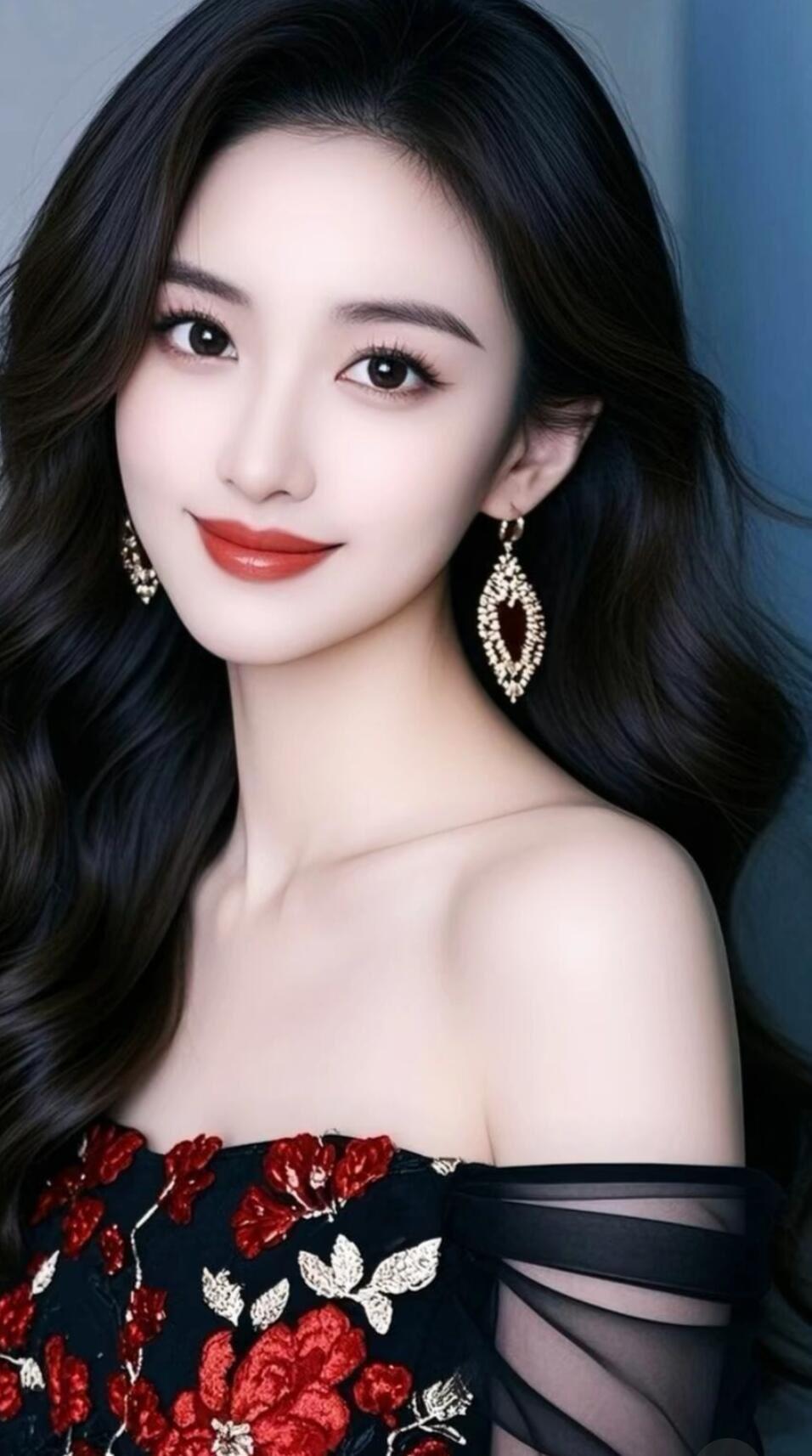 优雅红唇，复古耳环，黑红相间的花朵连衣裙，散发迷人魅力。