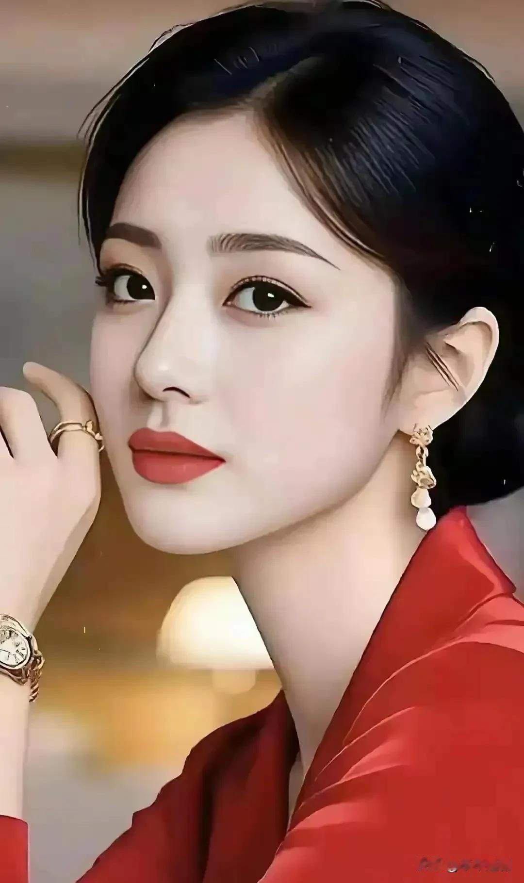 朱红衬得眉目愈发明艳，鬓边垂落的碎发添了几分柔，腕间金表与耳坠轻晃，是不动声色的