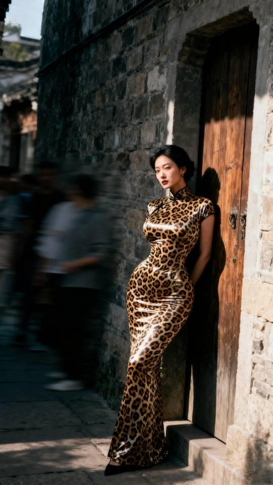 复古风穿搭，豹纹长裙，优雅街拍，怀旧氛围。连衣长裙美女壁纸