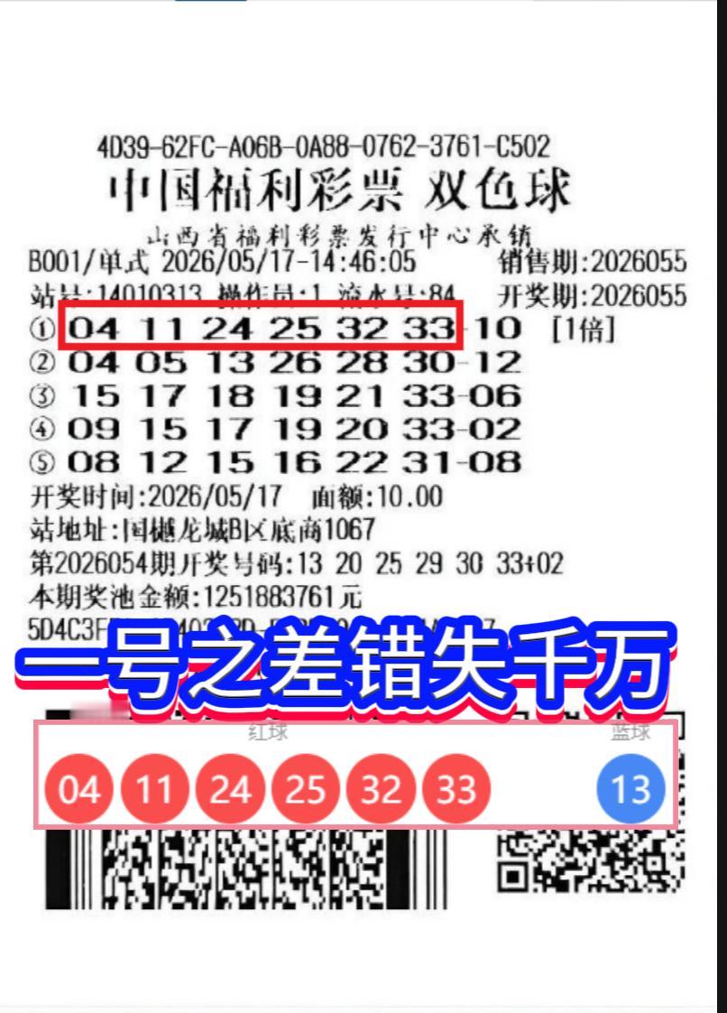 一号之差憾失千万！双色球26055期这张彩票看哭网友。双色球2026055期