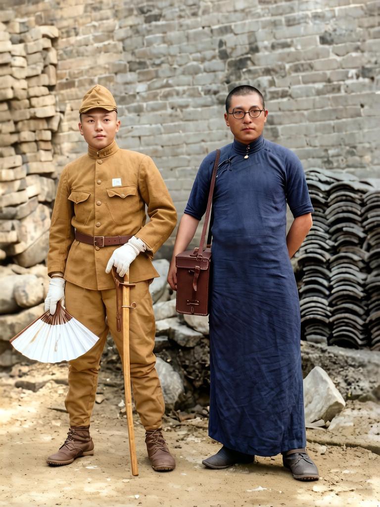 抗战时期的山西太原，两个日本鬼子兵在一户百姓人家庭院里的合影。其中一个鬼子穿