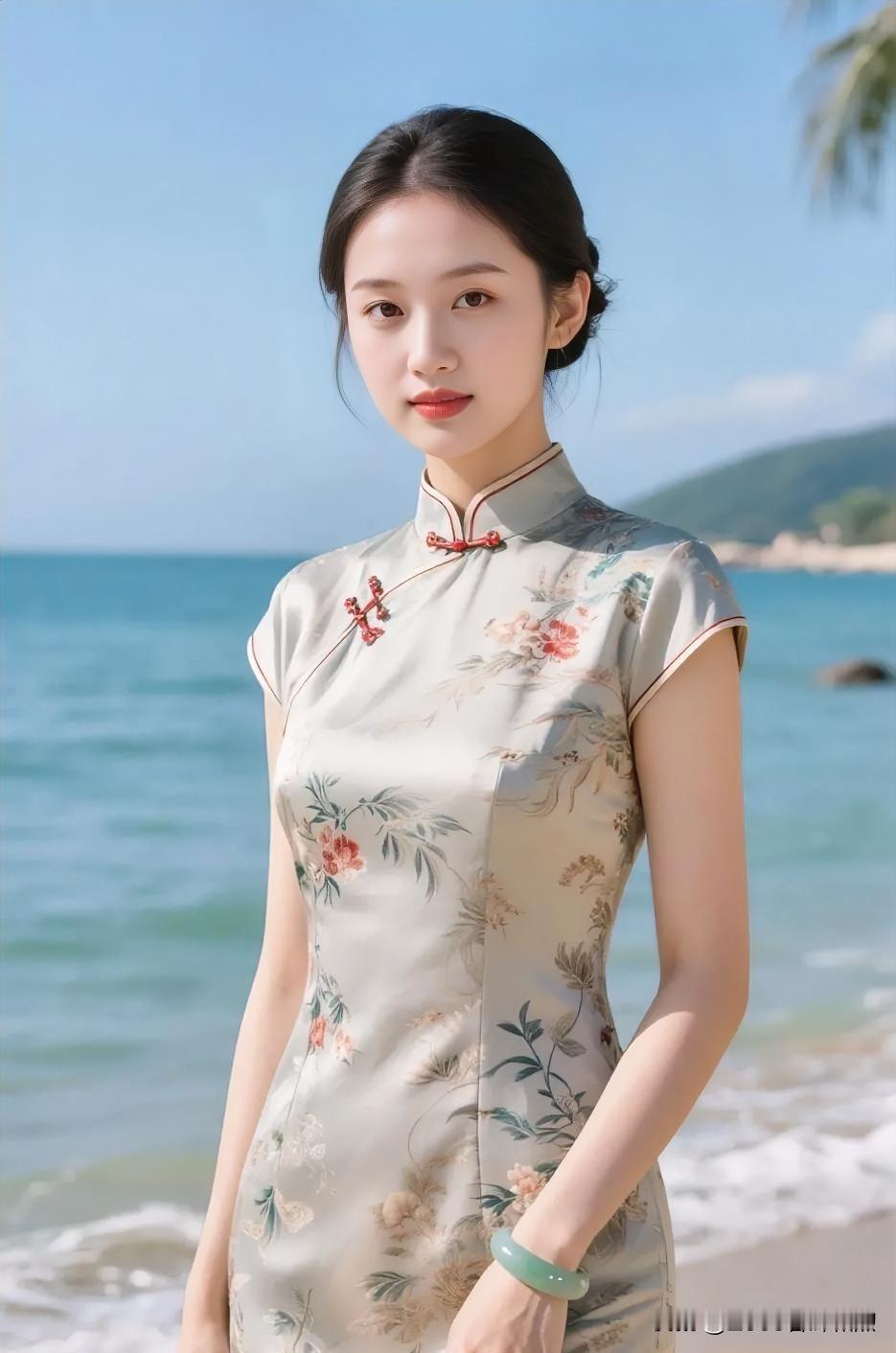 时尚穿搭海风轻拂花旗袍，温婉如玉，惊艳了碧海蓝天。