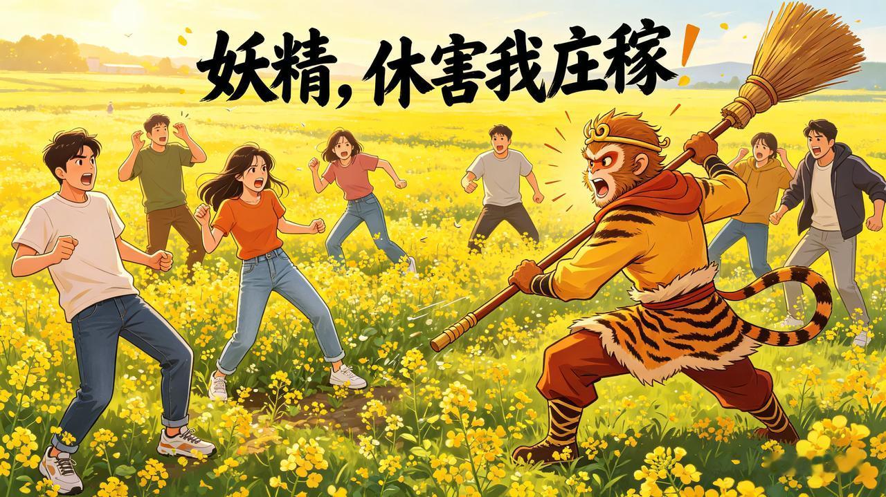 该打——几名城里人踩踏油菜花拍照，被村民殴打。农民打出了尊严，打出了威风，打出