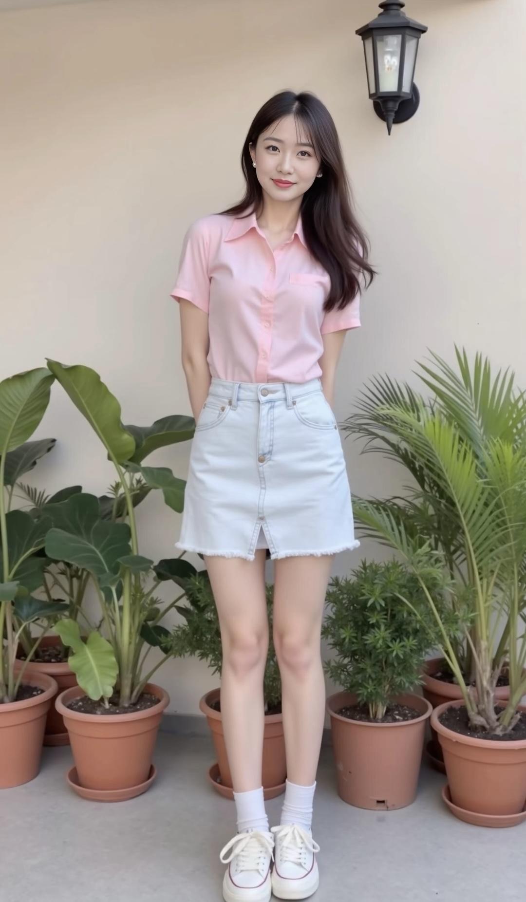 粉色衬衫+牛仔短裙，清新夏日穿搭，元气满满！🌞💕