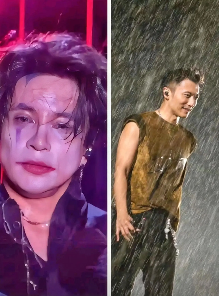 薛之谦可能最后睡不好，同样是雨里开唱，谢霆锋被淋后简直是战损美学，自己真成“丑八